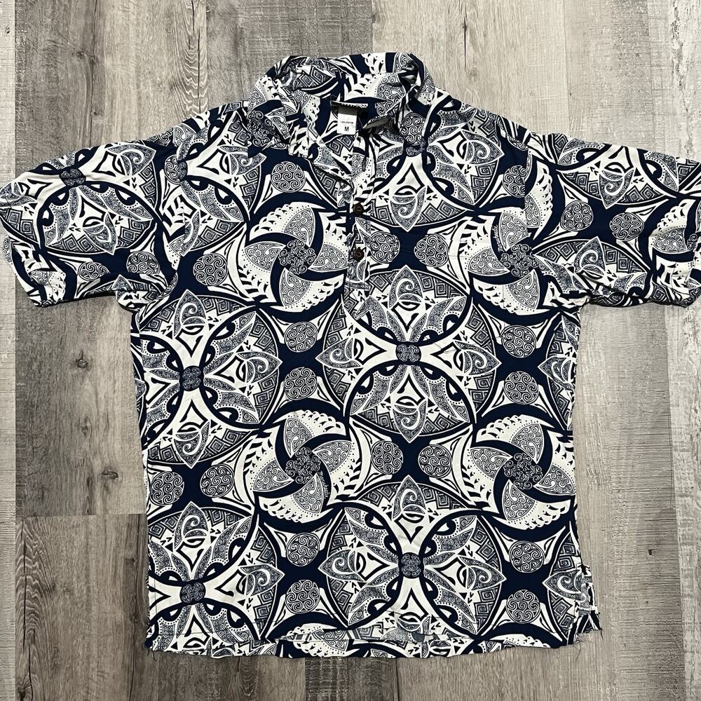 Manuhealii Hawaiian Shirt Blue Polynesian Tribal Pull Over Beach Rayon Sz Medium